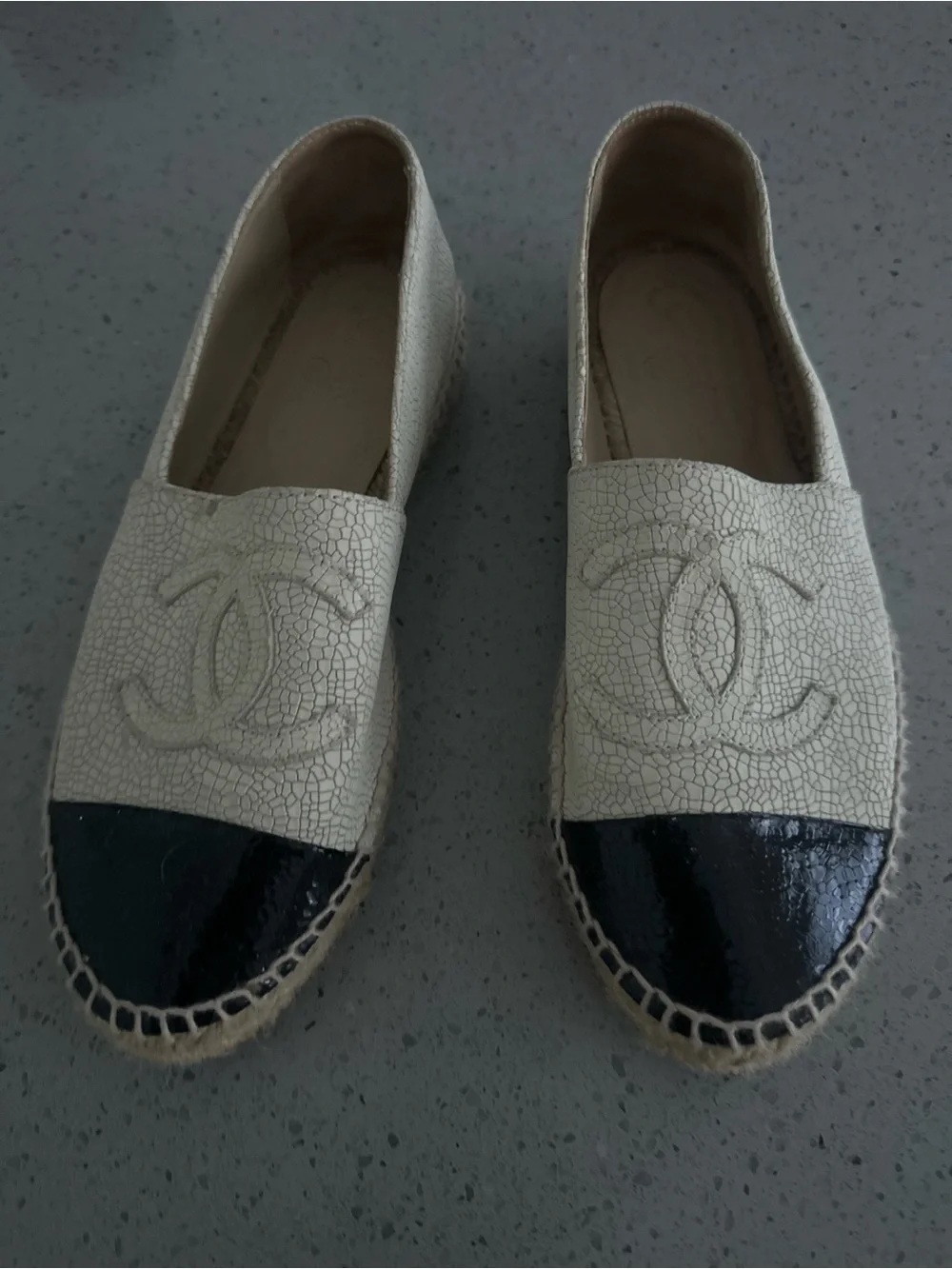 CHANEL Two-Tone Crackle Espadrilles in Cream and Black